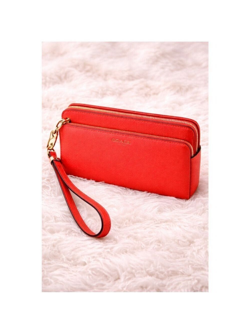 Coach Coral Red-Orange Saffiano Leather Double Zip Wristlet Wallet Gold Hardware